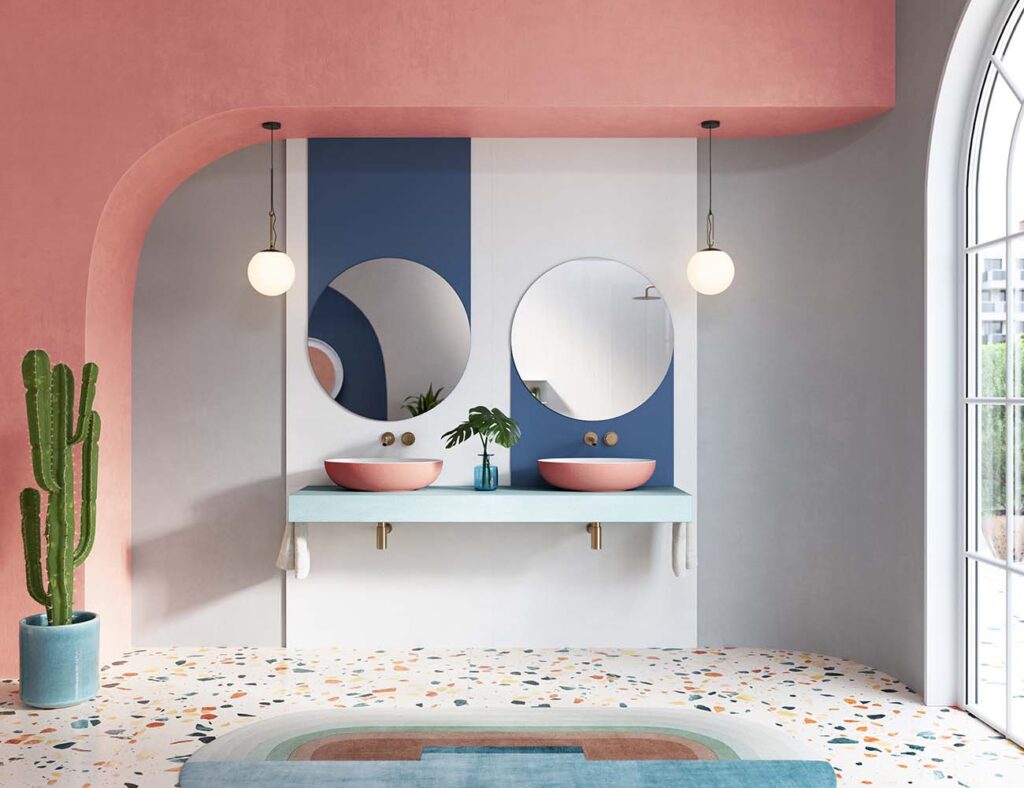 Trend in bathroom design: curved design and arches. Colourful bathroom with oval countertop basin, round mirrors, textured bathroom countertop and wall covering.