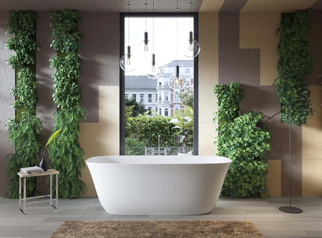 Tendances déco de salles de bains: le design organique. Salle de bains avec baignoire autoportante et panneaux de revêtement texturés
