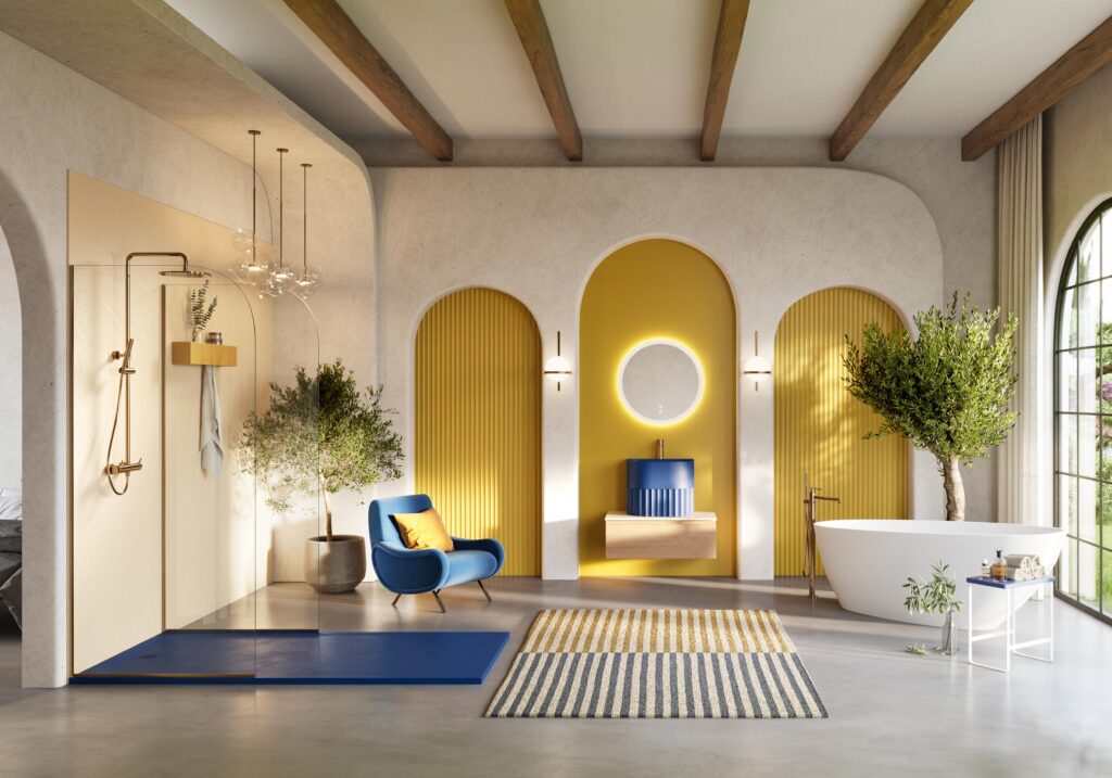 Diseño cuarto de baño amarillo y azul