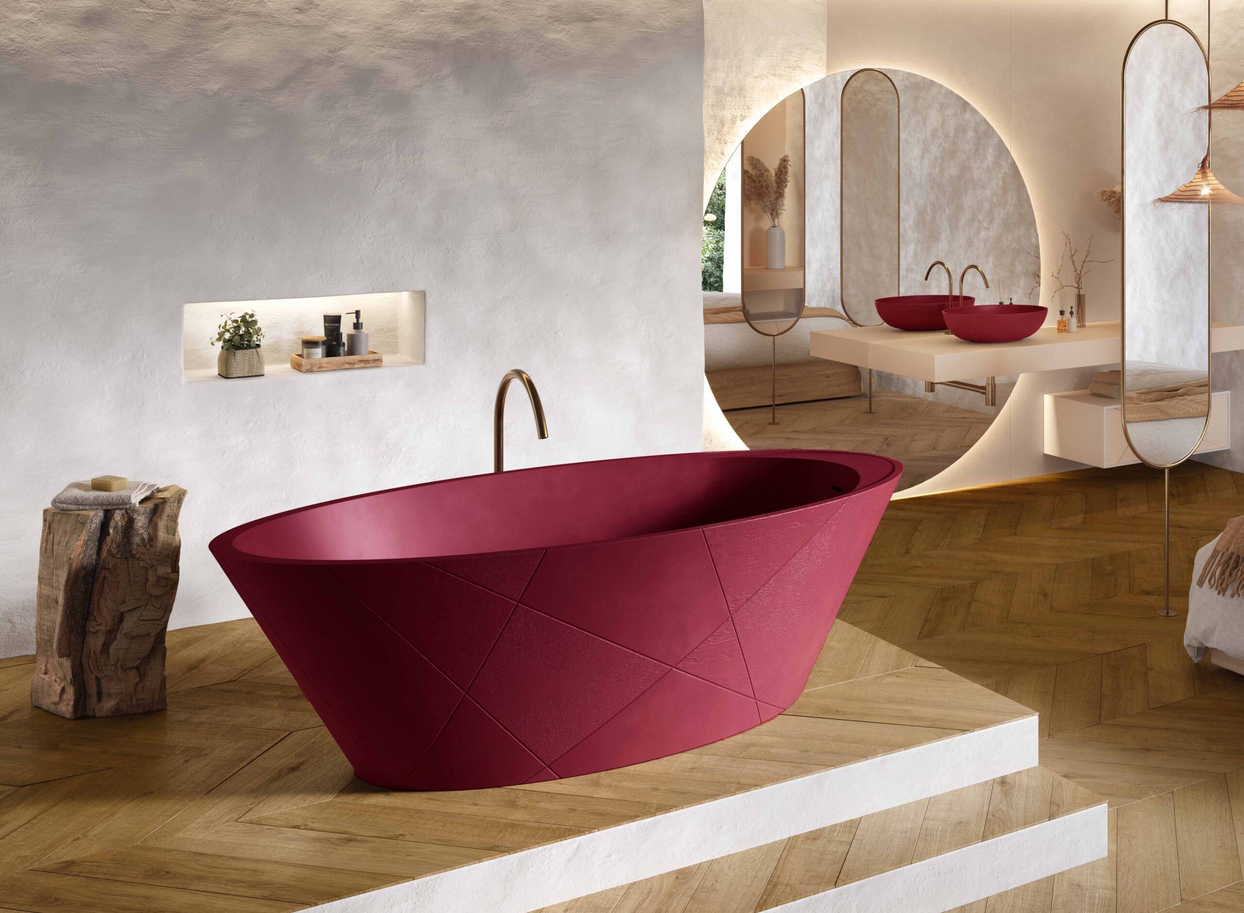 pantone color of the year tendencias 2023 en el cuarto de baño Viva Magenta con bañera Acquabella